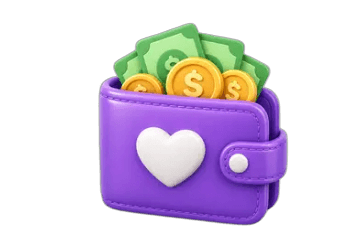 3D wallet filled with coins and cash