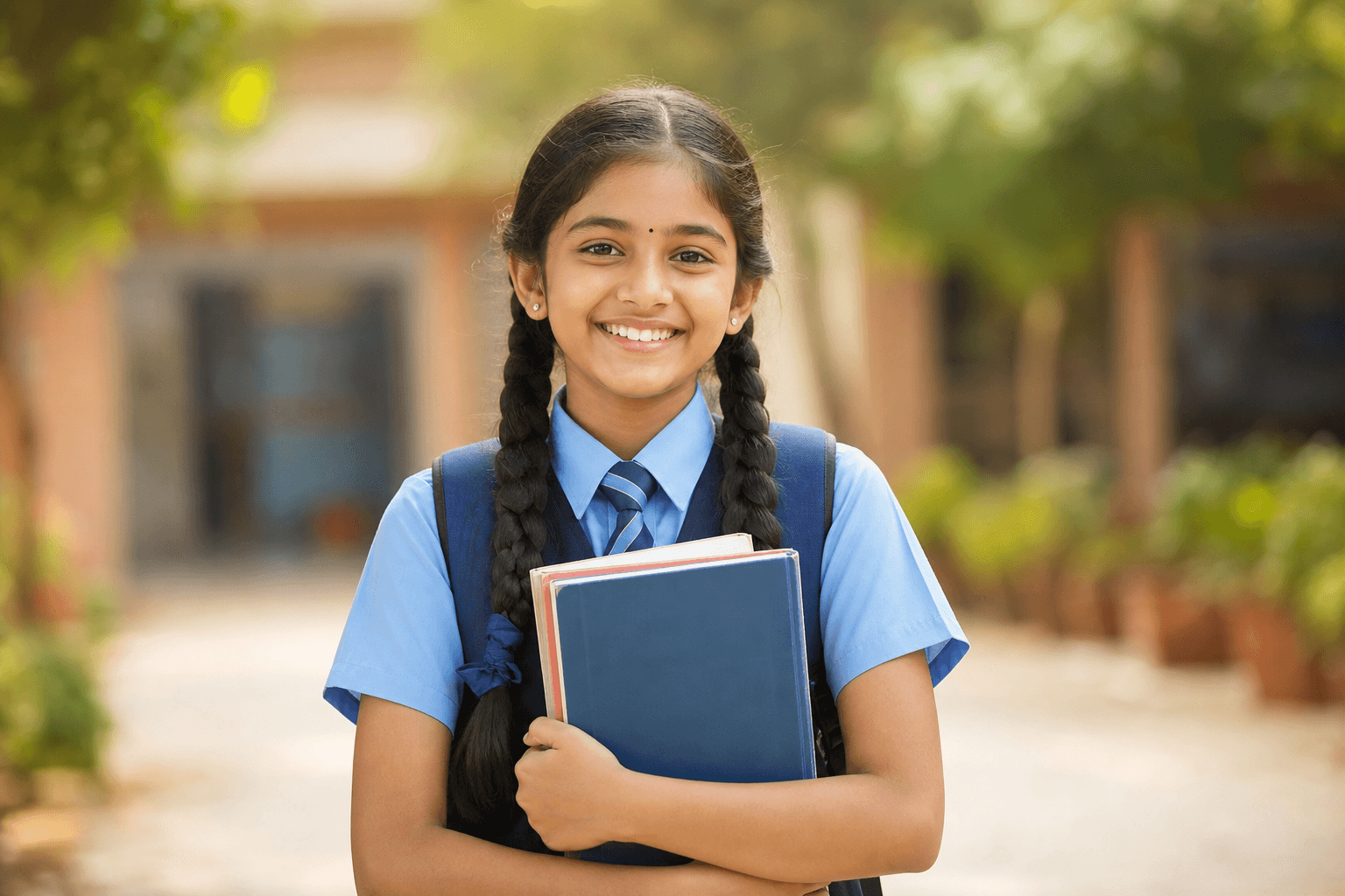 Smiling student in a blue school uniform holding books, representing direct aid recipients supported on DirectDigiAid
